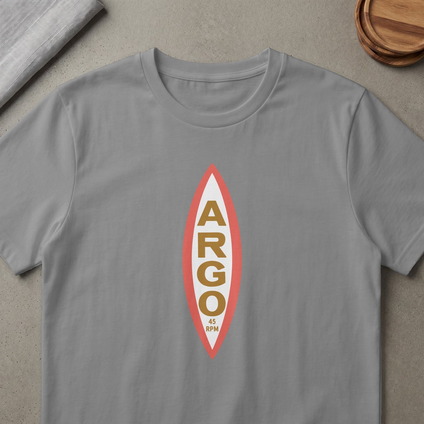 Grey t-shirt with an ARGO 45 RPM logo in a vertical oval shape.