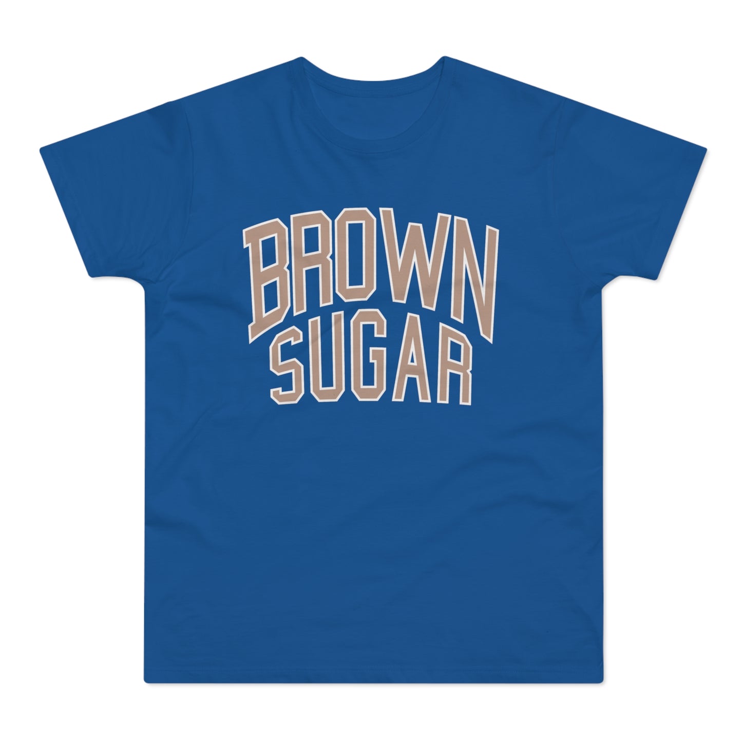 Blue t-shirt with "BROWN SUGAR" text in beige and white collegiate font.