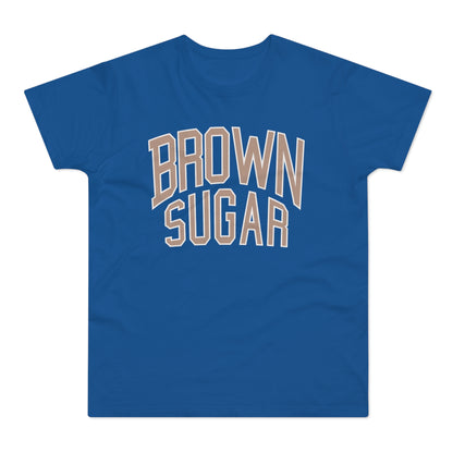 Blue t-shirt with "BROWN SUGAR" text in beige and white collegiate font.