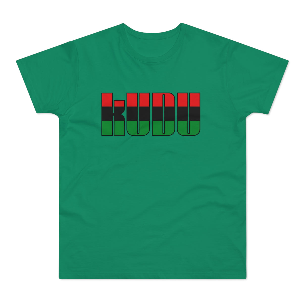Green t-shirt with "KUUDU" in block letters, colored red, black, and green.