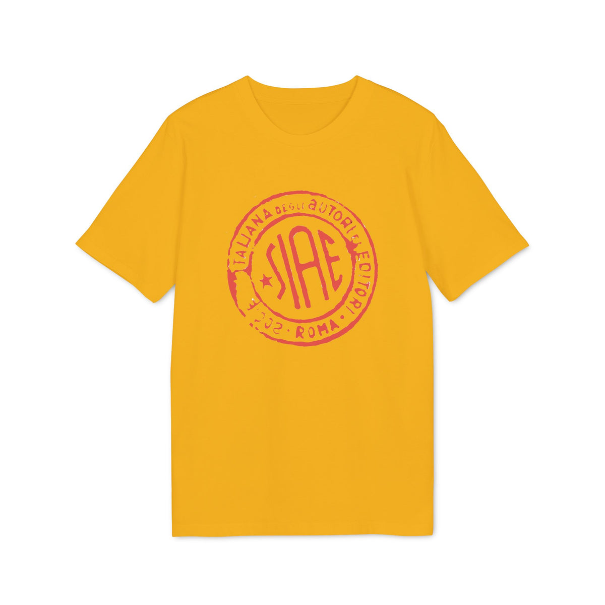 Yellow t-shirt with a red circular stamp reading "SIAE ITALIANA DEGLI AUTORI EDITORI ROMA 2002".