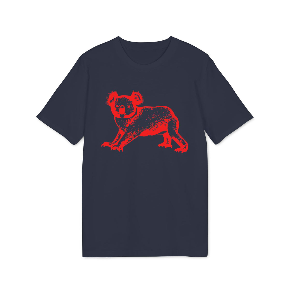 Navy t-shirt with a red distressed koala graphic on the front.