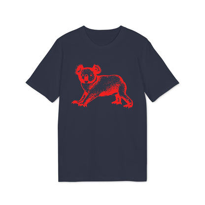 Navy t-shirt with a red distressed koala graphic on the front.