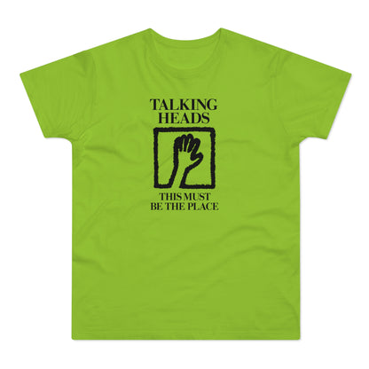 Talking Heads t-shirt with a hand in a square and text "This Must Be The Place".