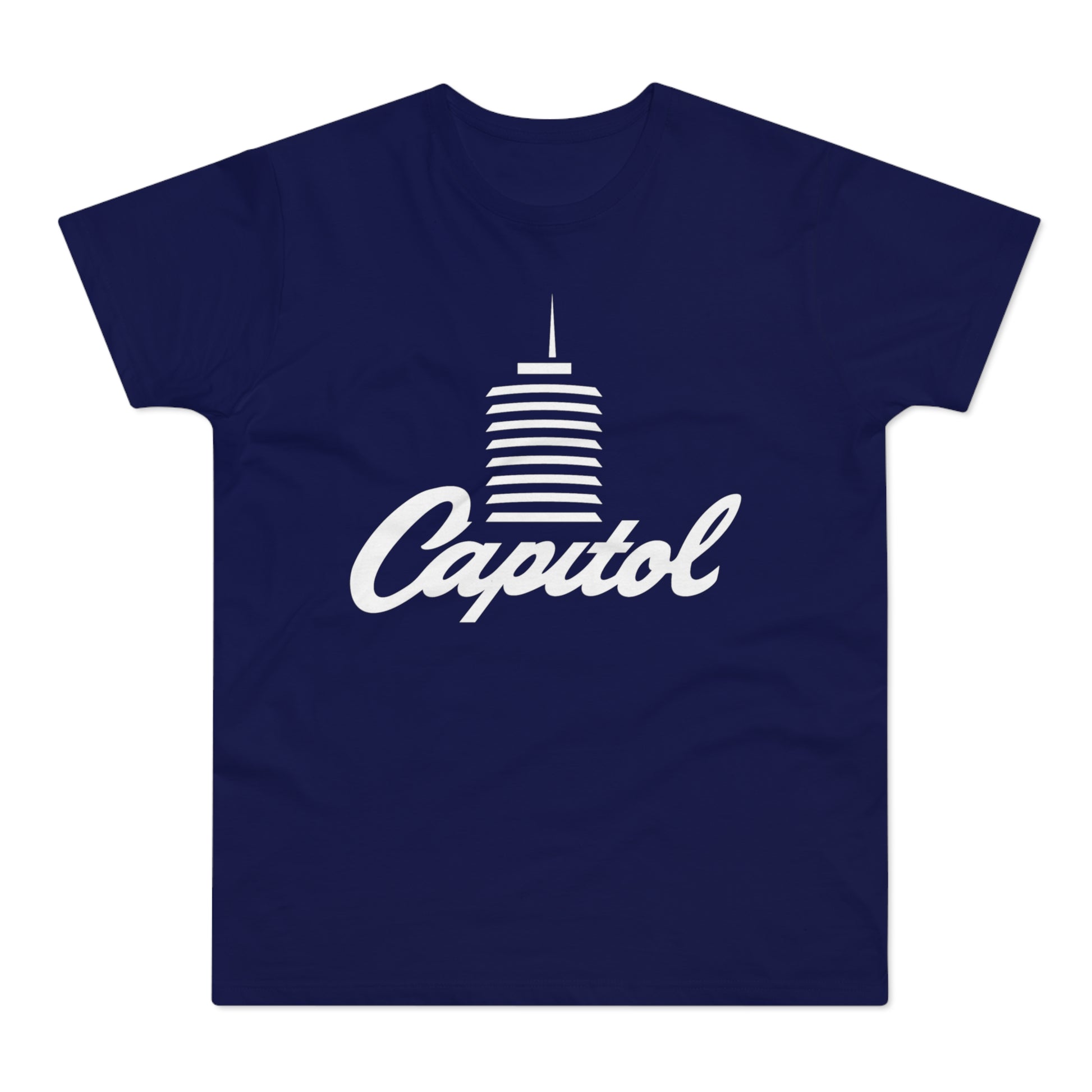 Navy t-shirt with white Capitol building and script text graphic.