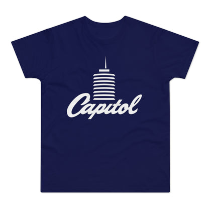 Navy t-shirt with white Capitol building and script text graphic.