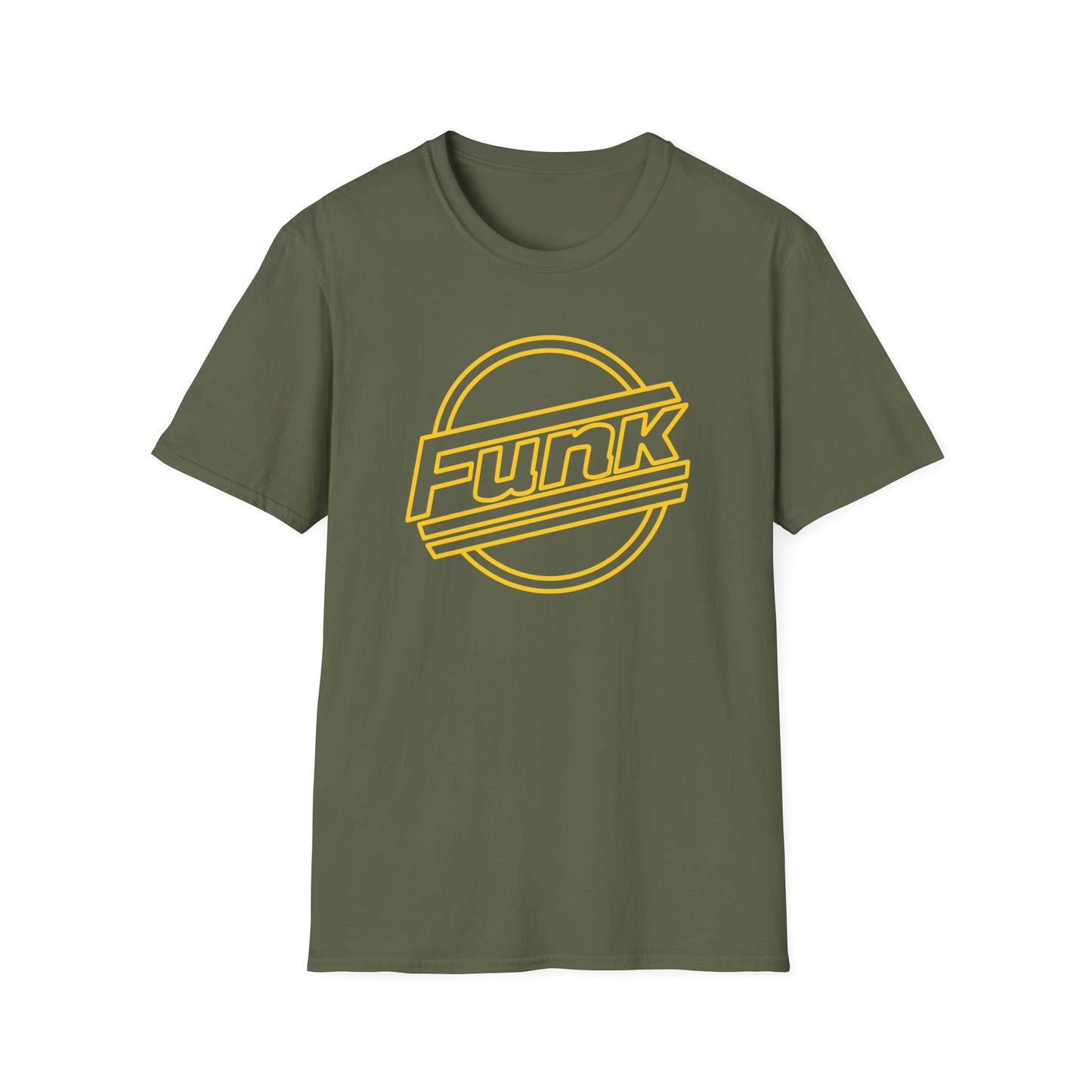 Olive green t-shirt with yellow "Funk" logo in a circle.