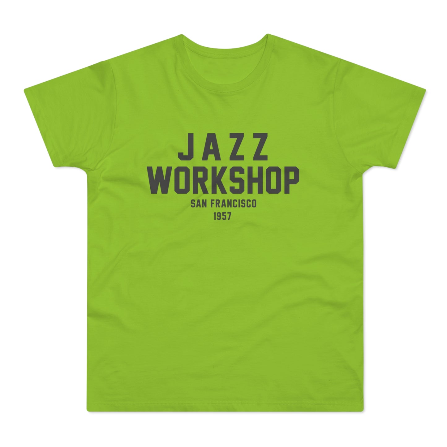 Green T-shirt with "JAZZ WORKSHOP SAN FRANCISCO 1957" text.