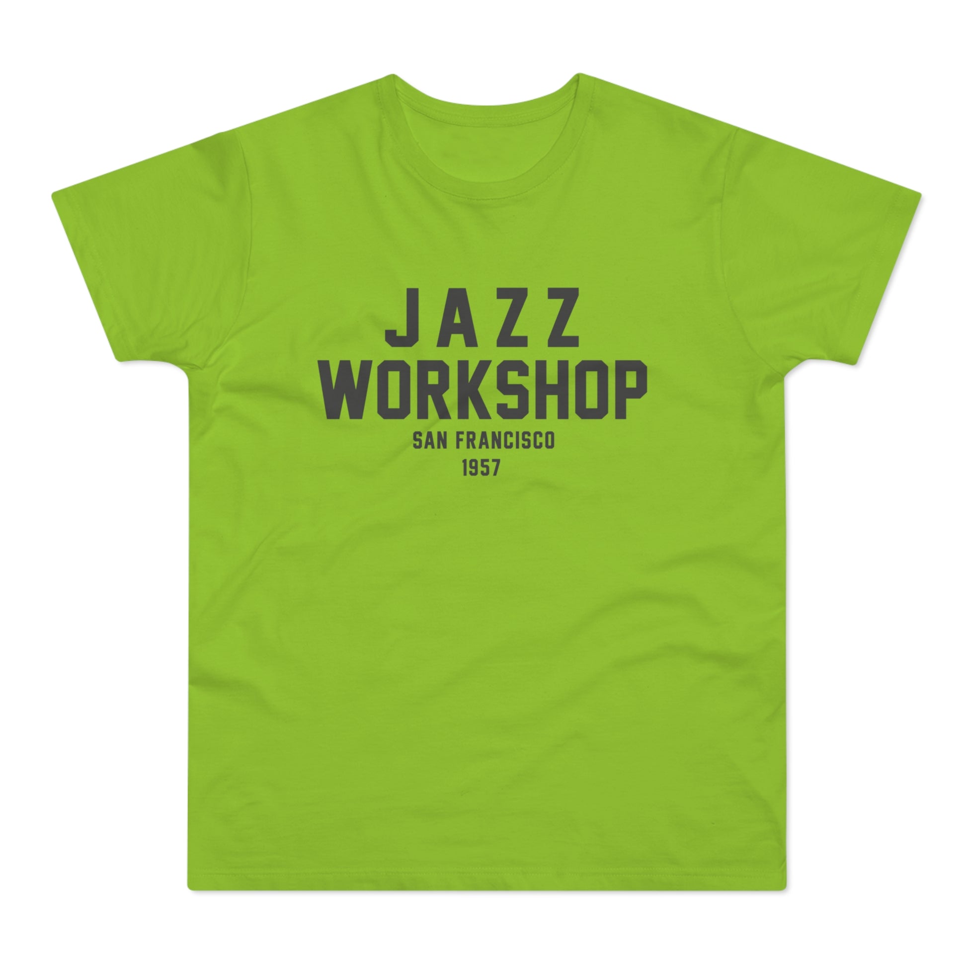 Green T-shirt with "JAZZ WORKSHOP SAN FRANCISCO 1957" text.