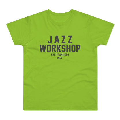 Green T-shirt with "JAZZ WORKSHOP SAN FRANCISCO 1957" text.
