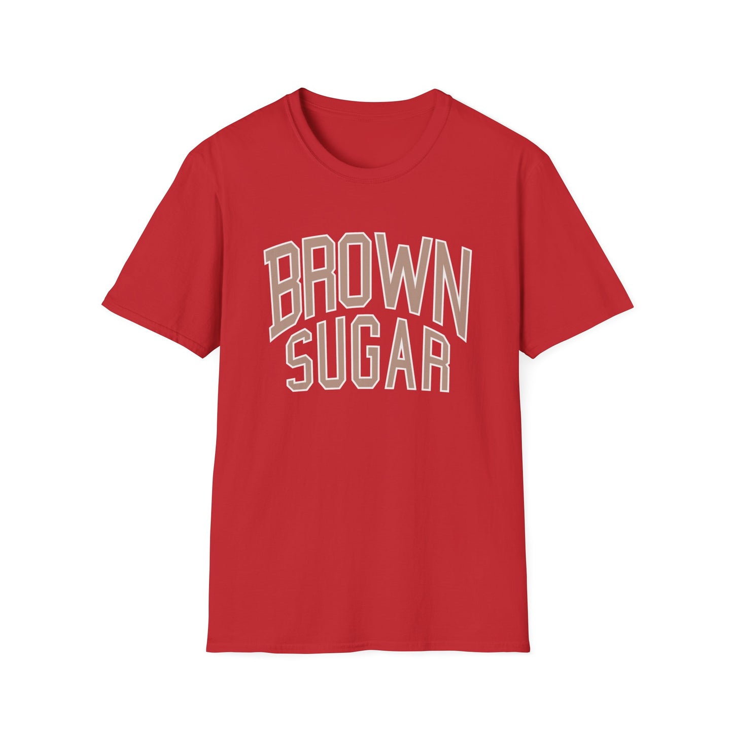 Red t-shirt with "BROWN SUGAR" text in distressed beige lettering.