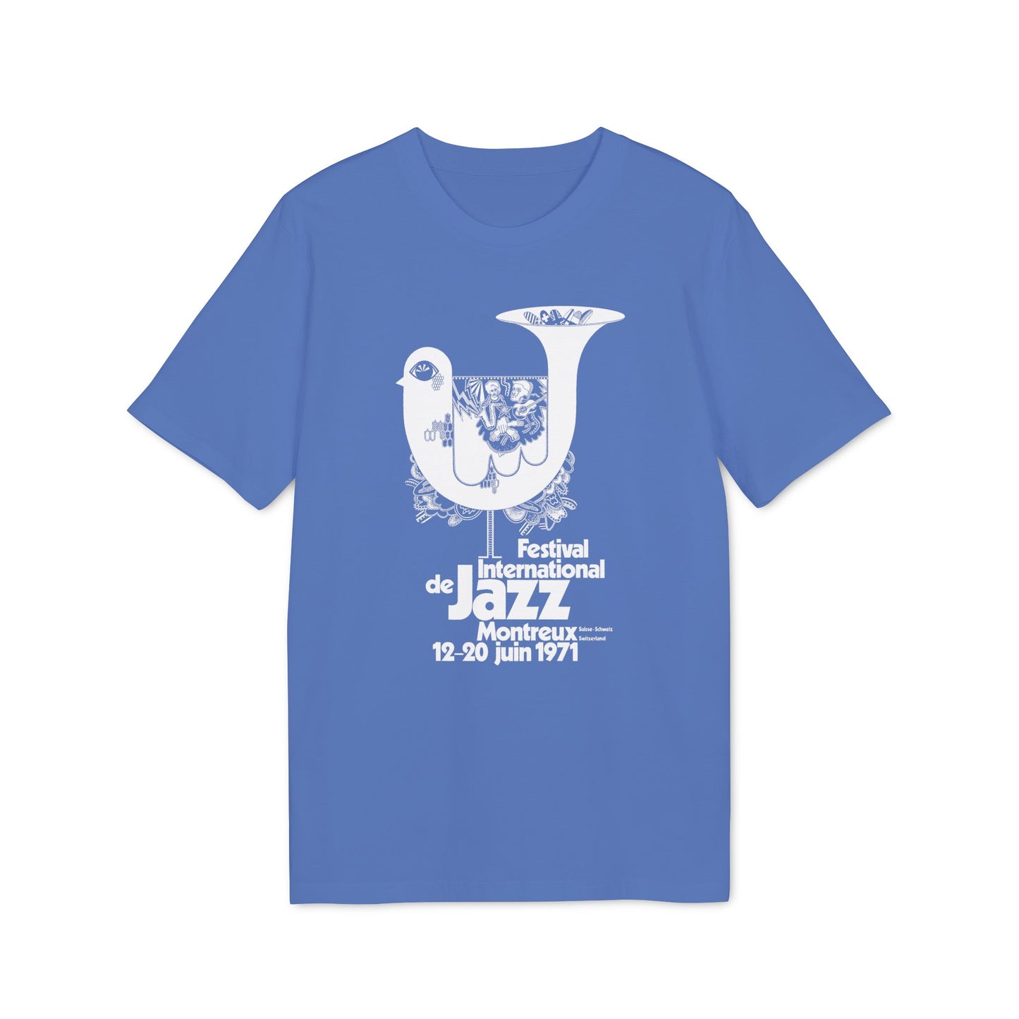 Blue t-shirt with white text and design for the 1971 Montreux Jazz Festival.