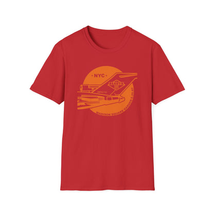 Red t-shirt with orange graphic of Beastie Boys at Madison Square Garden 8.20.87.