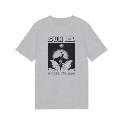 Grey t-shirt with "SUN RA" and "SPACE IS THE PLACE" text and graphic.