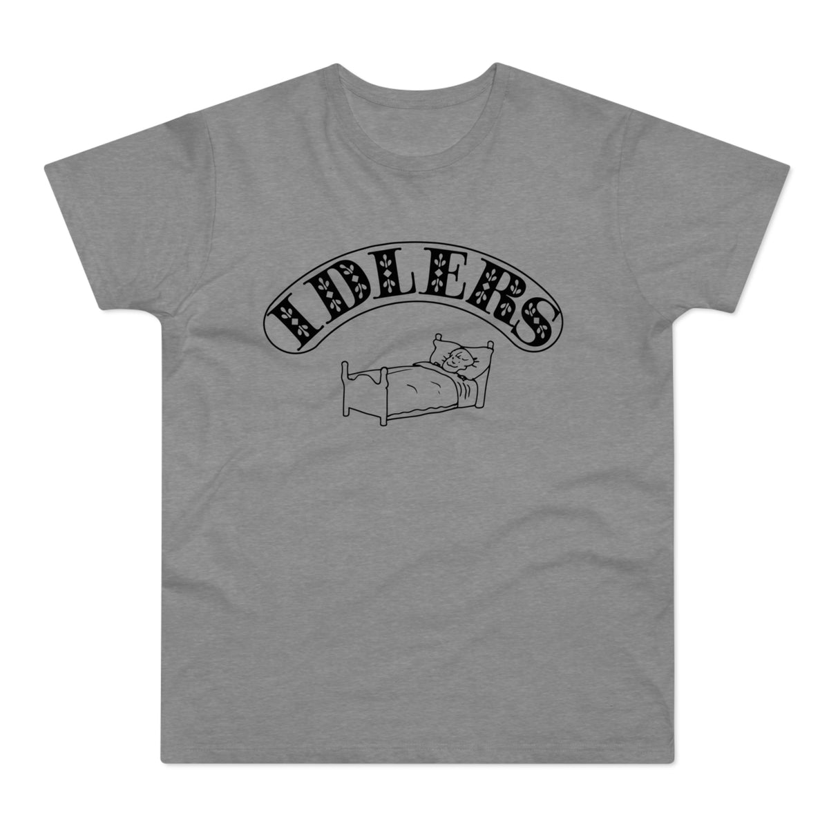 Grey t-shirt with black text "IDLERS" above a drawing of a person in bed.