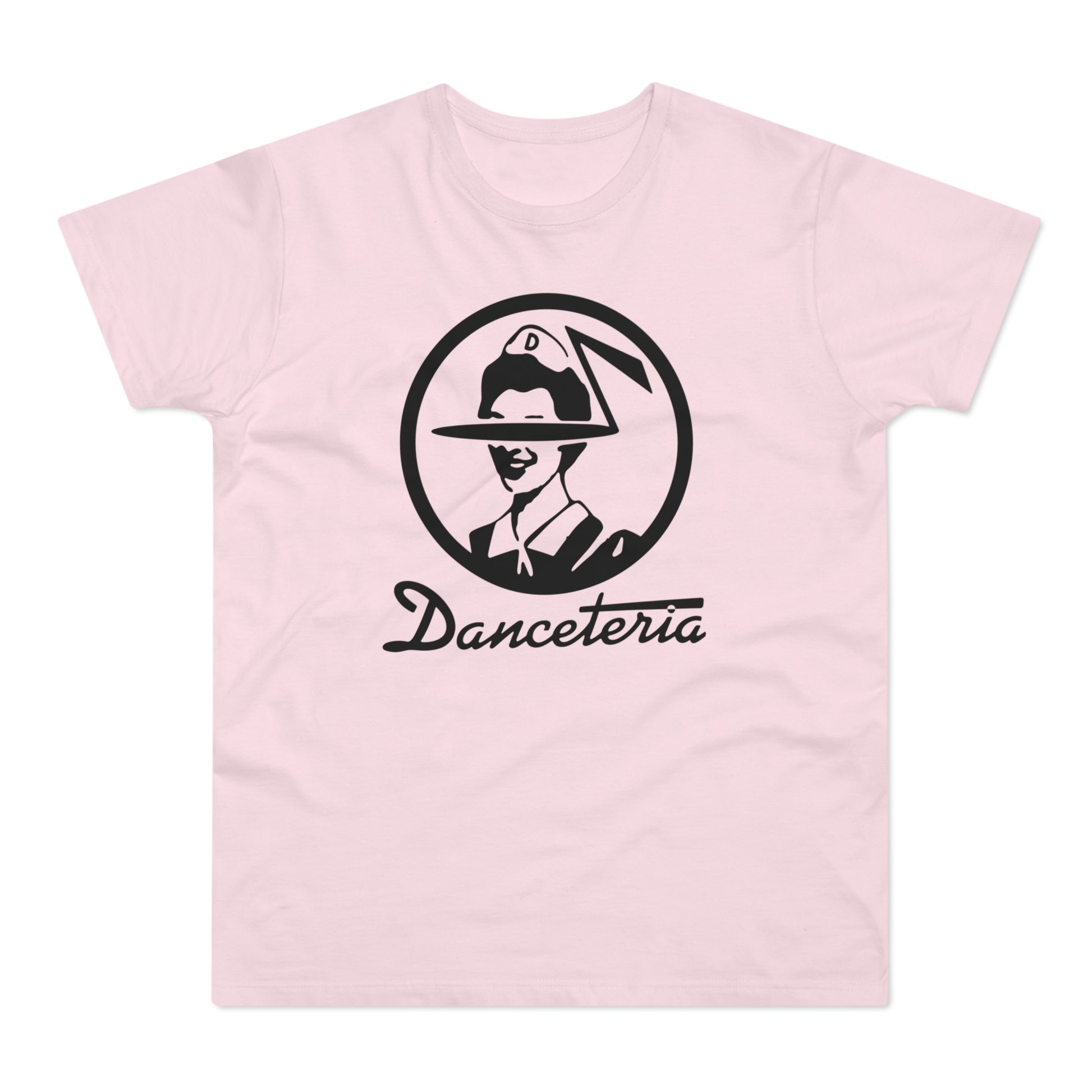 Pink t-shirt with black circular logo featuring a person wearing a hat and the text "Danceteria".
