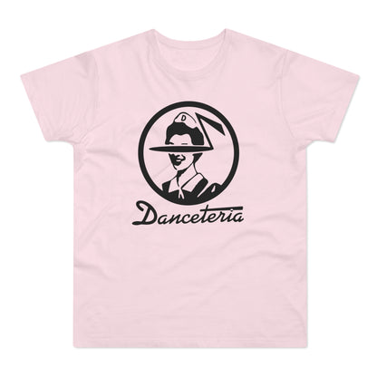 Pink t-shirt with black circular logo featuring a person wearing a hat and the text "Danceteria".