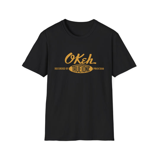 Black t-shirt with yellow text reading "Okeh Recorded by True Tone Process".