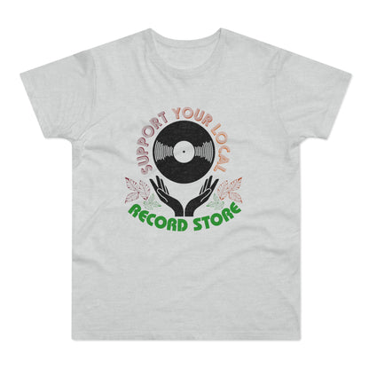 Light grey t-shirt with black vinyl record graphic and text.