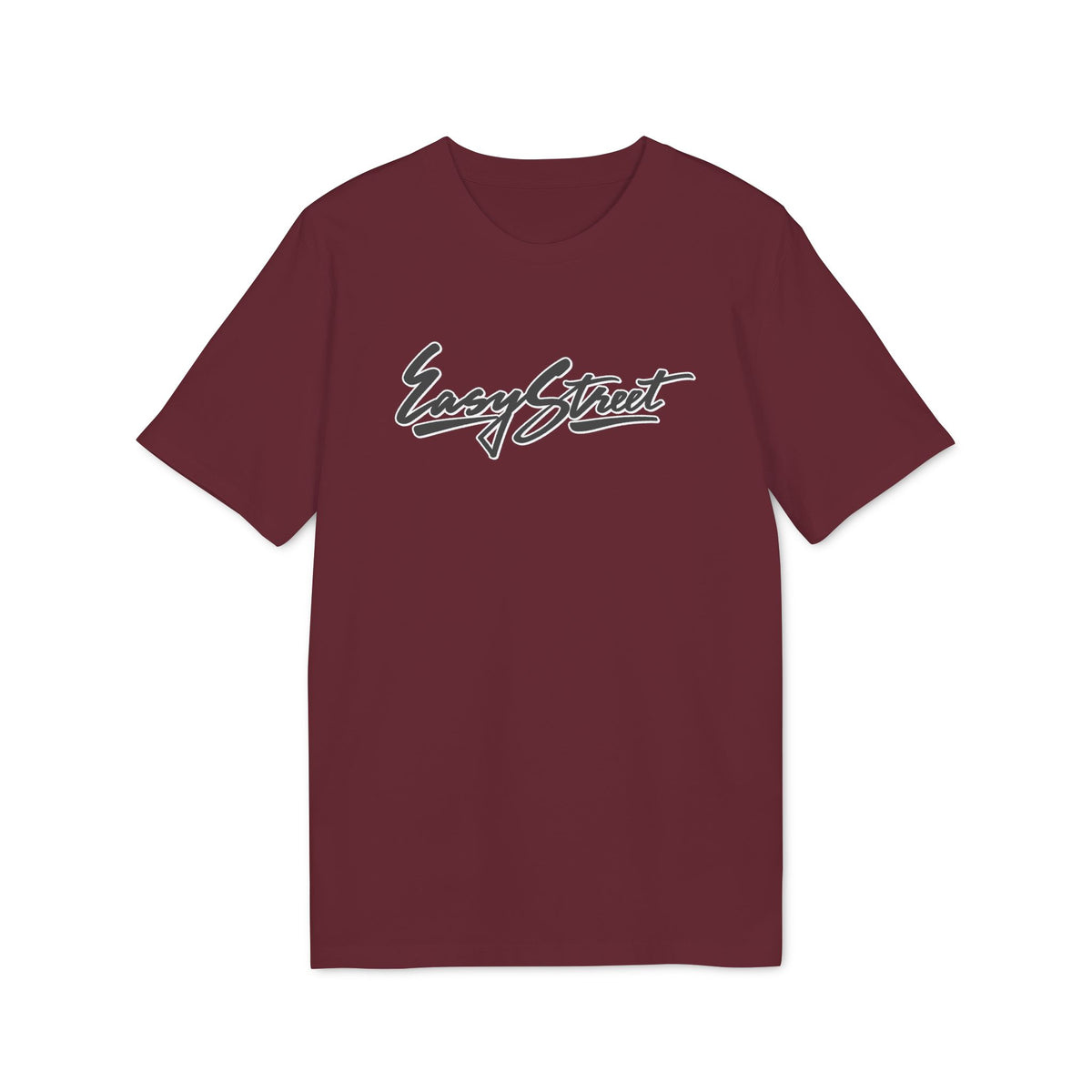 Maroon t-shirt with white and grey "Easy Street" script logo on the chest.
