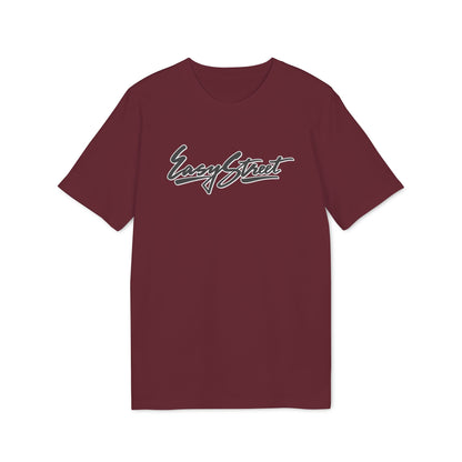 Maroon t-shirt with white and grey "Easy Street" script logo on the chest.