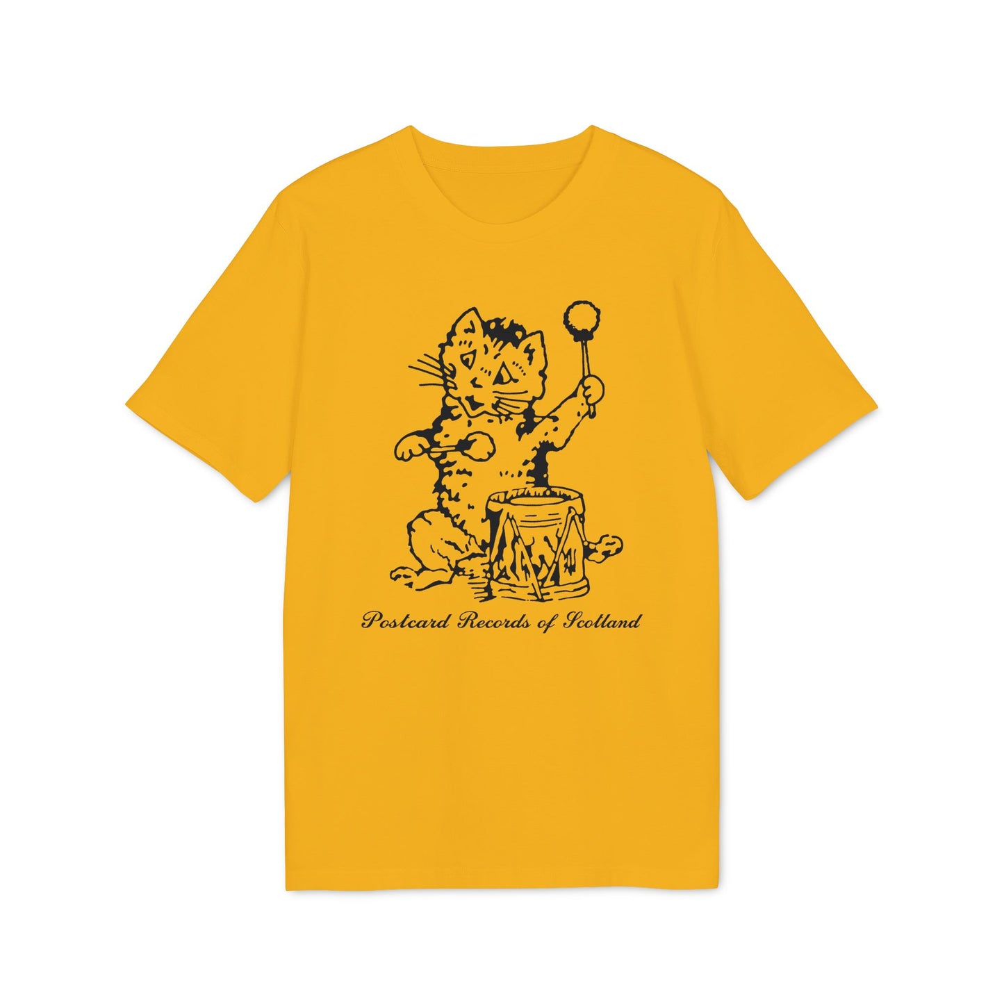 Yellow t-shirt with black illustration of cat playing drum and text "Postcard Records of Scotland".
