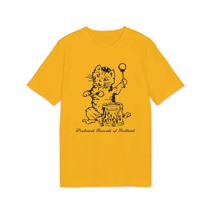 Yellow t-shirt with black illustration of cat playing drum and text "Postcard Records of Scotland".
