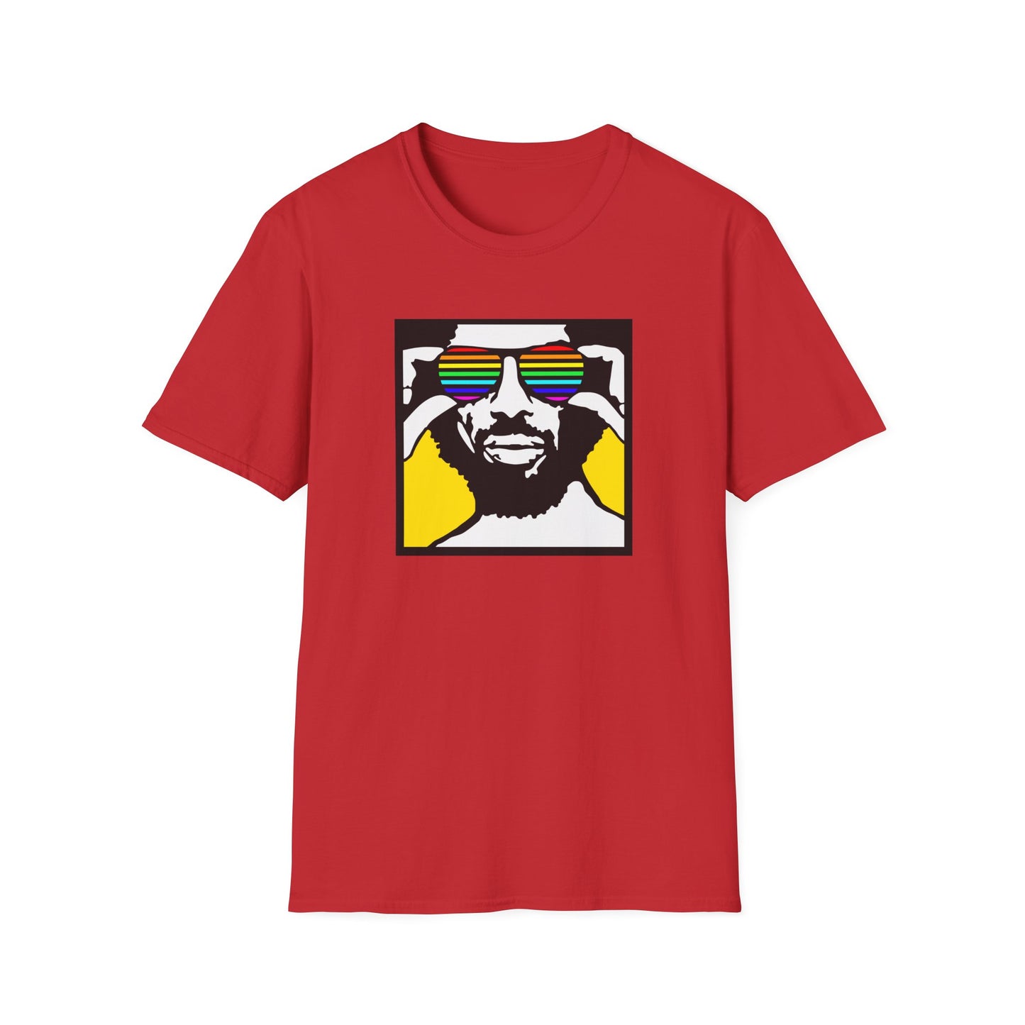 Red t-shirt with graphic of man wearing rainbow sunglasses against yellow background.