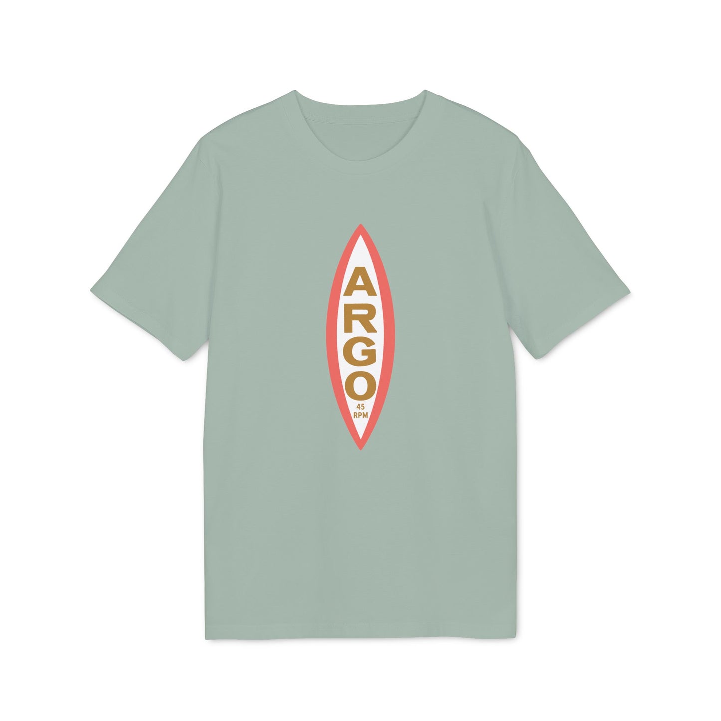 Light green t-shirt with vertical "ARGO 45 RPM" text graphic inside a red and white oval.