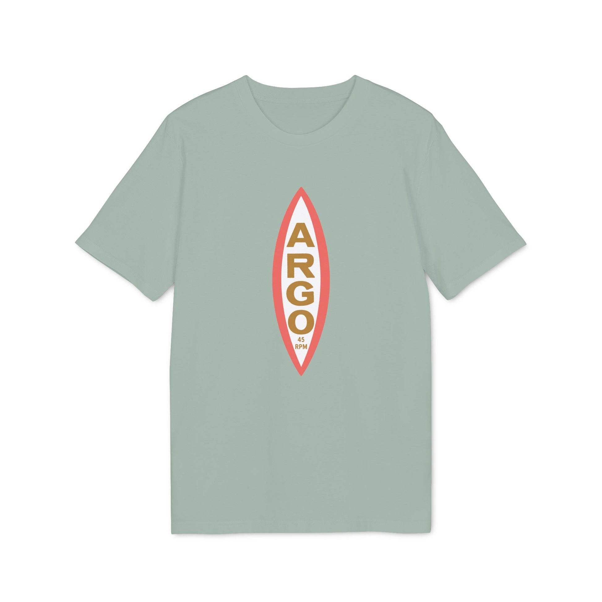 Light green t-shirt with vertical "ARGO 45 RPM" text graphic inside a red and white oval.