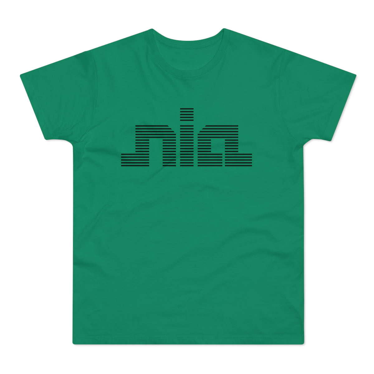 Green t-shirt with black horizontally striped "nia" graphic logo.