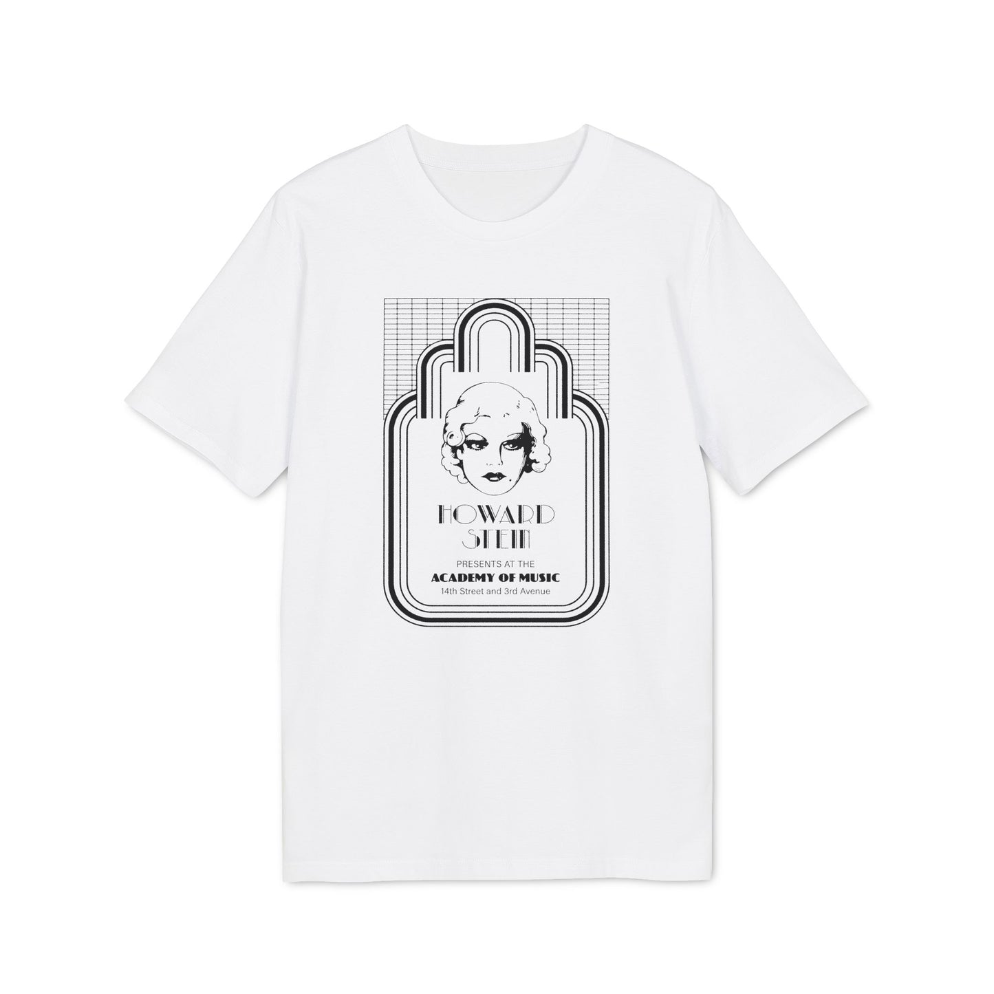 White t-shirt with a graphic featuring a woman's face, "Howard Stein," and "Academy of Music" text.