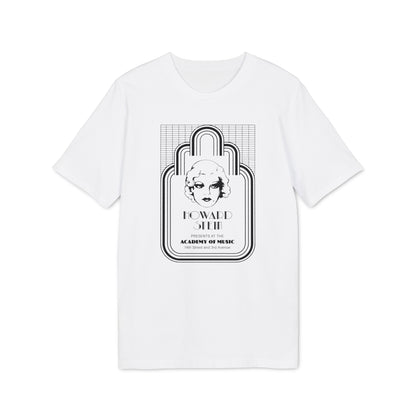 White t-shirt with a graphic featuring a woman's face, "Howard Stein," and "Academy of Music" text.