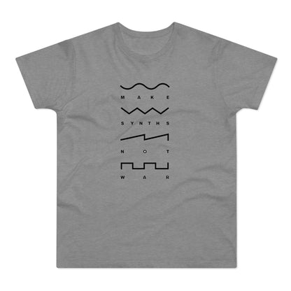 Grey t-shirt with black text and waveforms: "Make Synths Not War".
