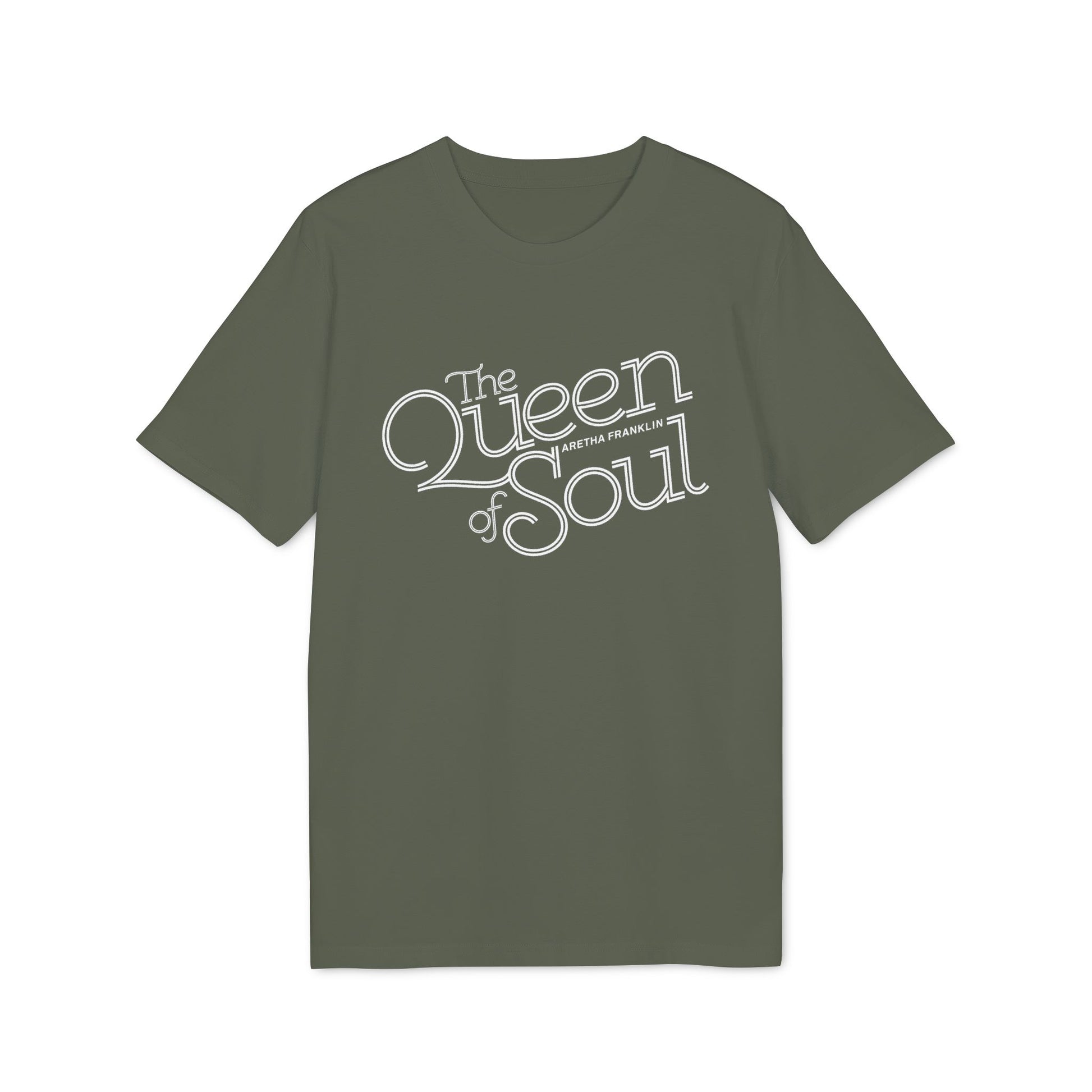 Green t-shirt with white text reading "The Queen of Soul ARETHA FRANKLIN".