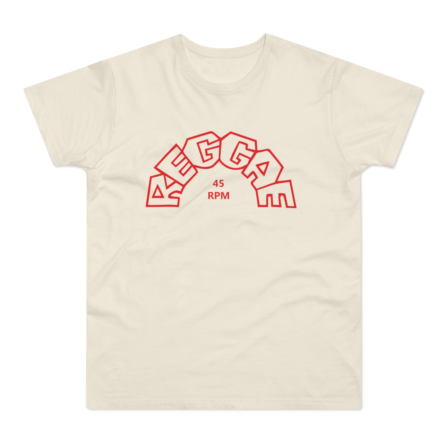 Cream t-shirt with red "REGGAE 45 RPM" text in a rainbow arch design.