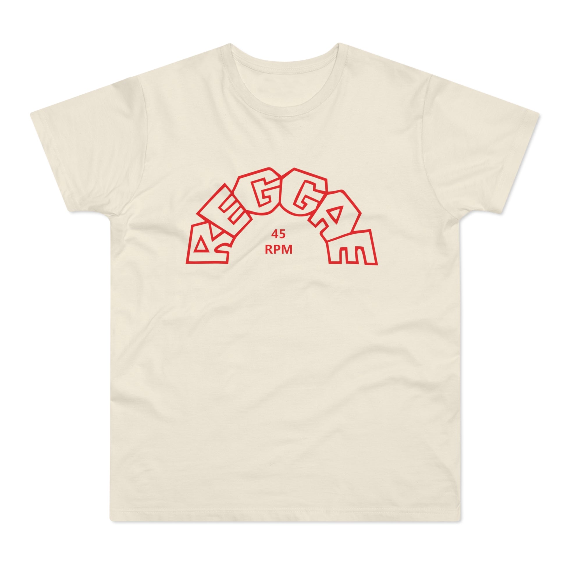 Cream t-shirt with red "REGGAE 45 RPM" text in a rainbow arch design.