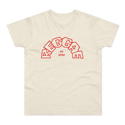 Cream t-shirt with red "REGGAE 45 RPM" text in a rainbow arch design.