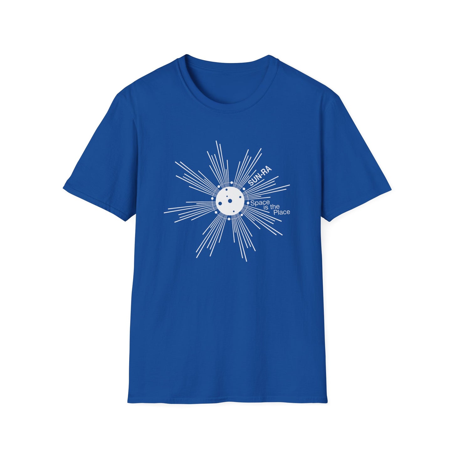 Blue t-shirt with white abstract sun graphic and text SUN-RA, Space is the Place