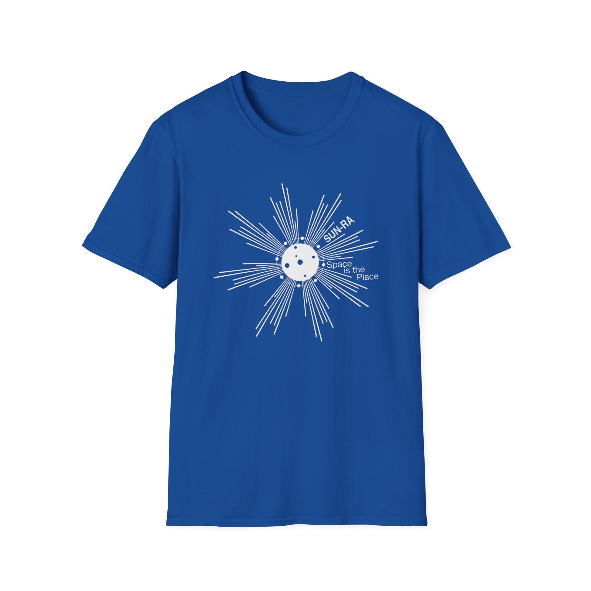 Blue t-shirt with white abstract sun graphic and text SUN-RA, Space is the Place