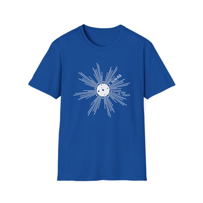 Blue t-shirt with white abstract sun graphic and text SUN-RA, Space is the Place