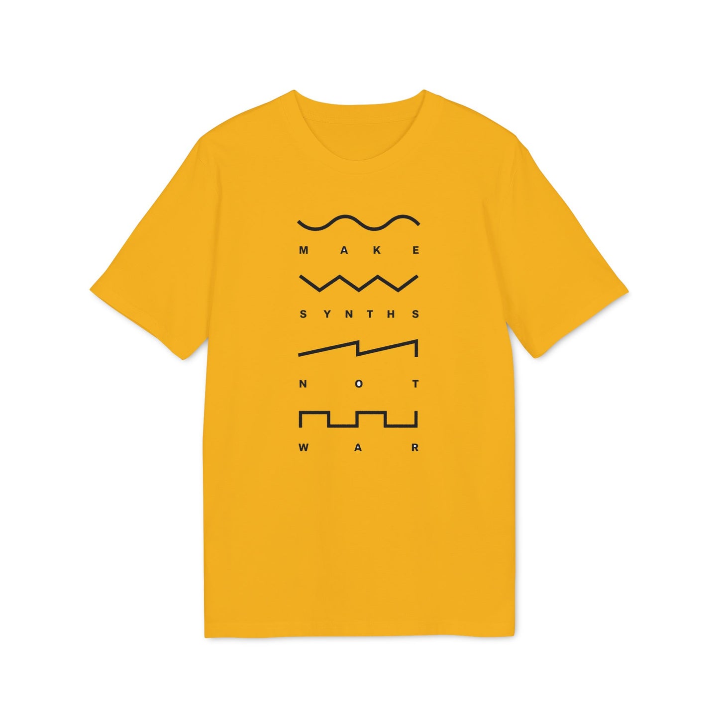Yellow t-shirt with "Make Synths Not War" text and waveform graphics.