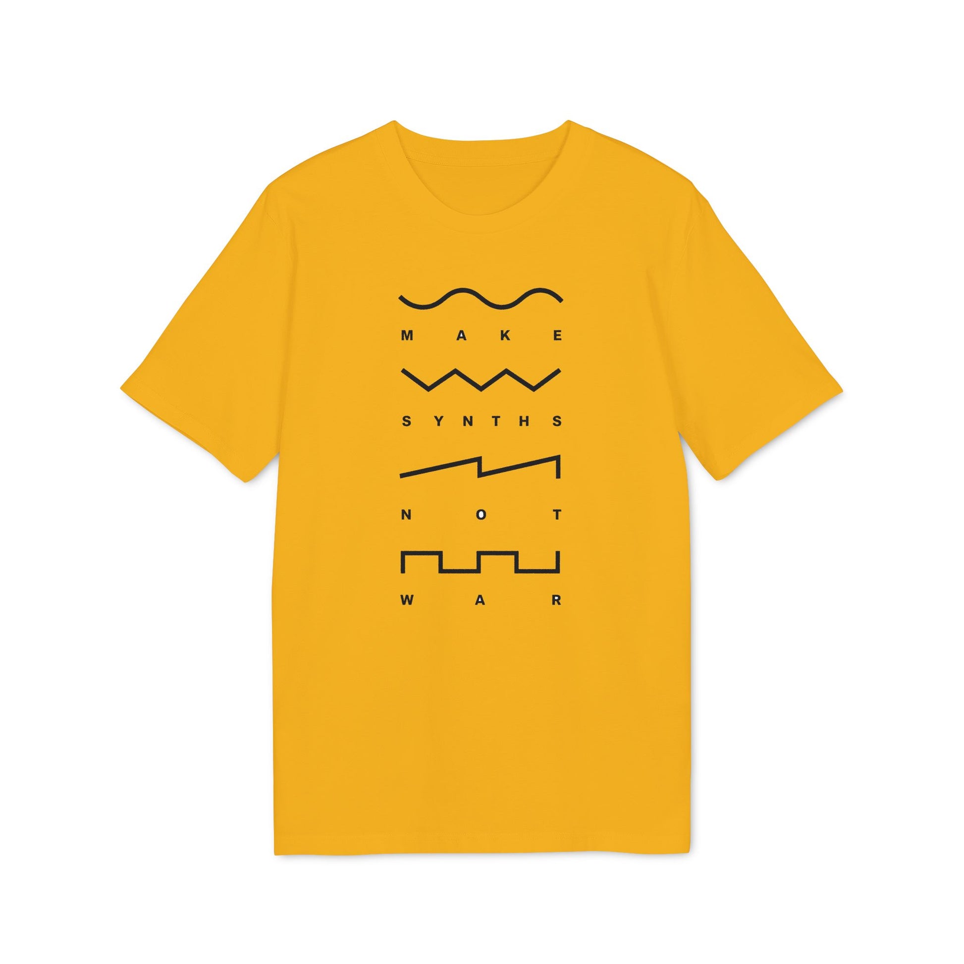 Yellow t-shirt with "Make Synths Not War" text and waveform graphics.