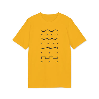 Yellow t-shirt with "Make Synths Not War" text and waveform graphics.