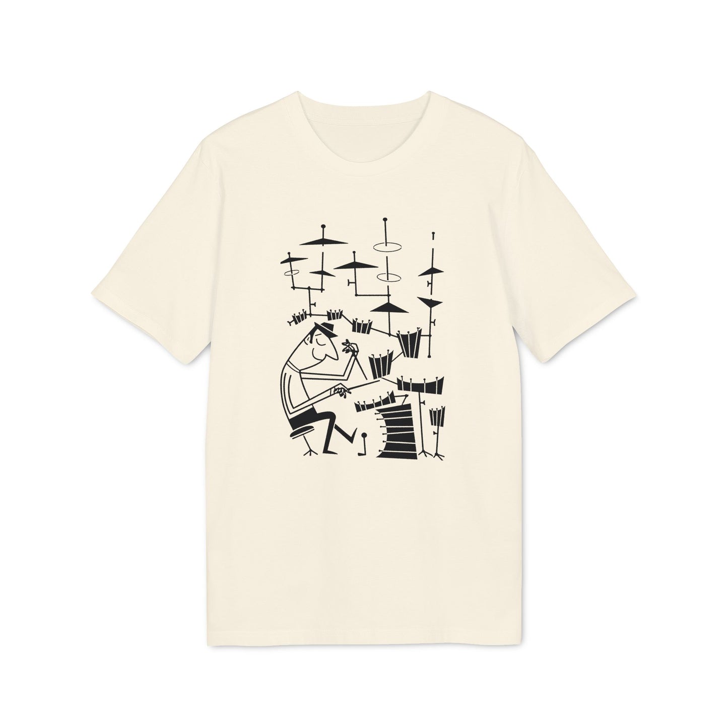 Black line drawing of a stylized drummer behind a drum set on a cream t-shirt.