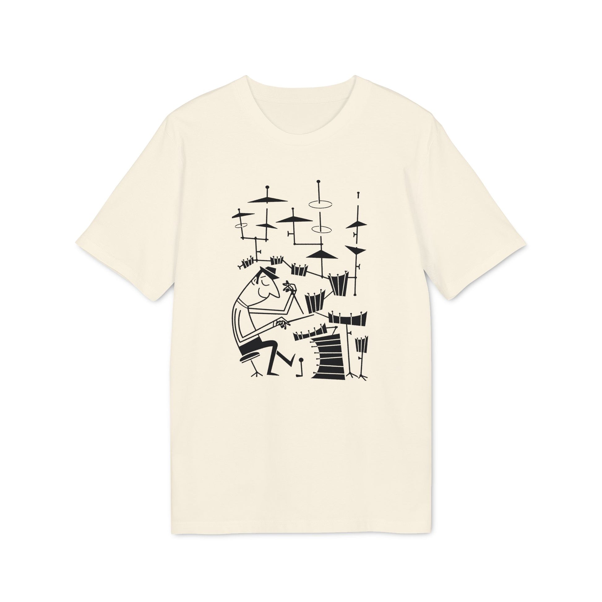 Black line drawing of a stylized drummer behind a drum set on a cream t-shirt.