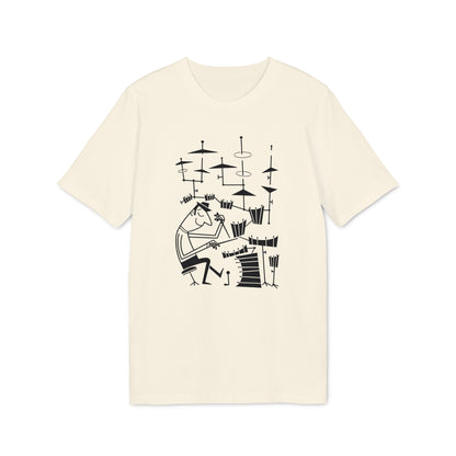 Black line drawing of a stylized drummer behind a drum set on a cream t-shirt.