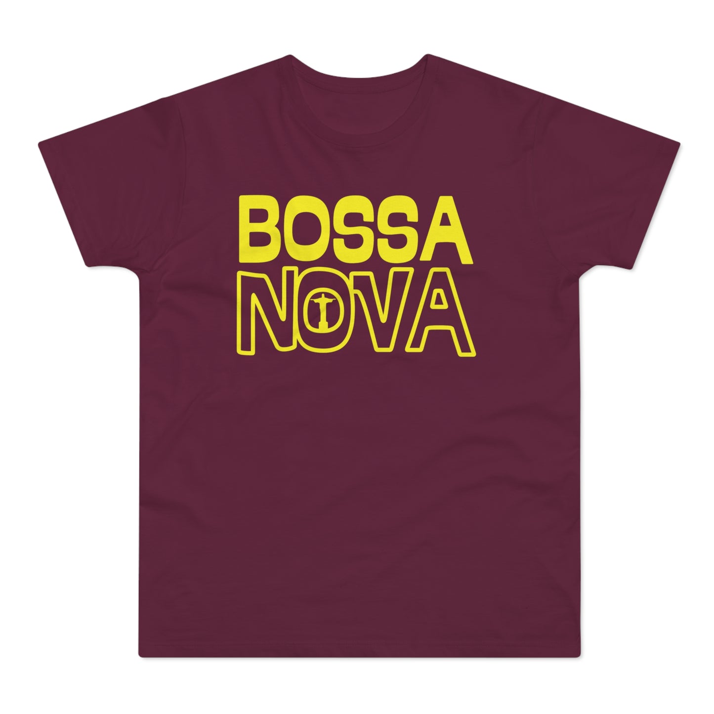 Maroon t-shirt with yellow "BOSSA NOVA" text and Christ the Redeemer statue graphic.