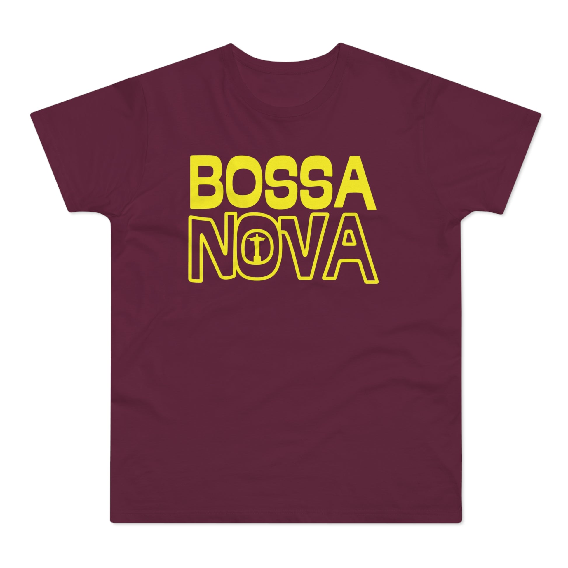 Maroon t-shirt with yellow "BOSSA NOVA" text and Christ the Redeemer statue graphic.