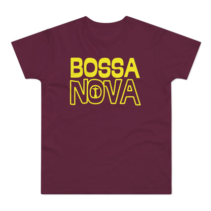 Maroon t-shirt with yellow "BOSSA NOVA" text and Christ the Redeemer statue graphic.